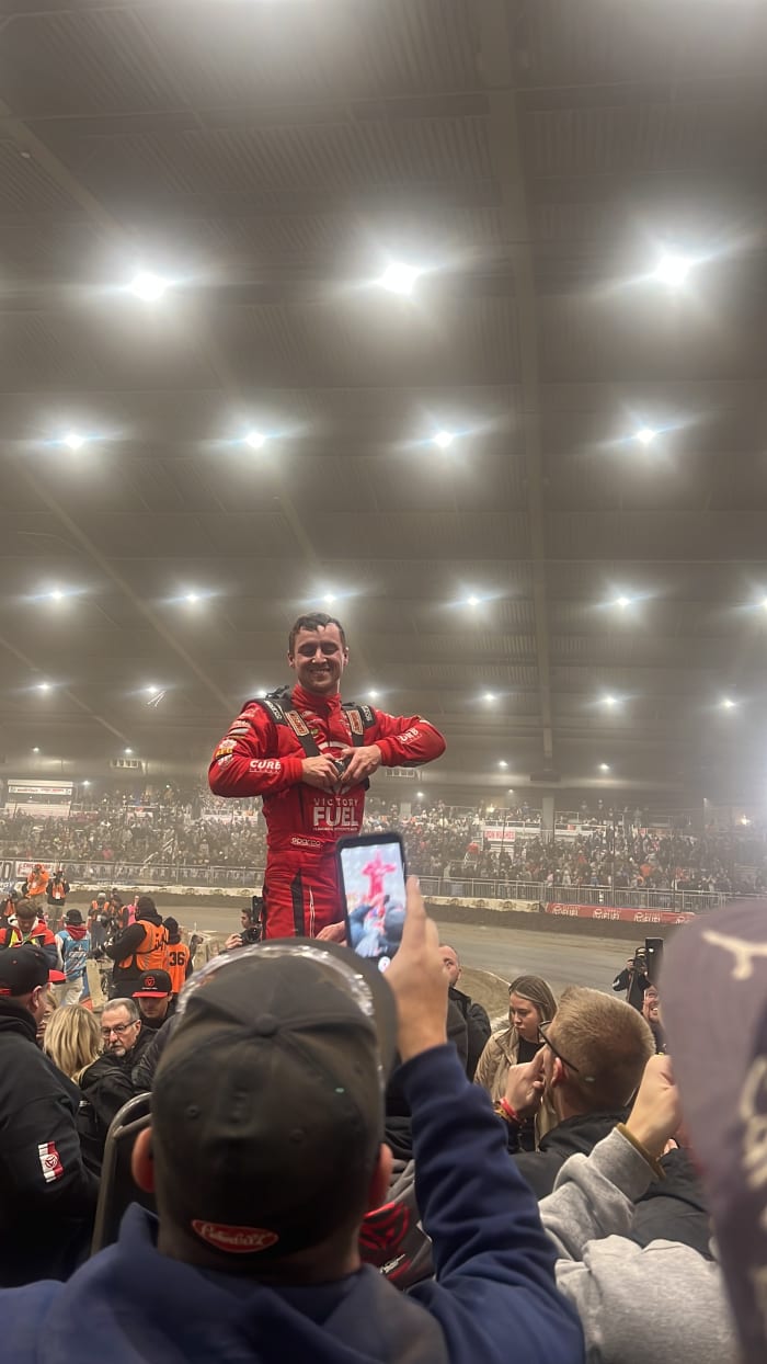 Logan Seavey celebrates with his fans after winning the Chili Bowl Saturday night in Tulsa. Photo courtesy Victoria Beaver.